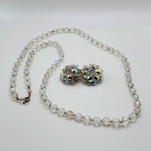 Vintage Faceted Glass Aurora Borealis Crystal Necklace and Earrings set